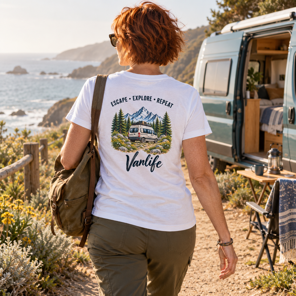 Damen Bio T-Shirt in Weiß mit Vanlife Backprint auf einem Küstenpfad am Camper