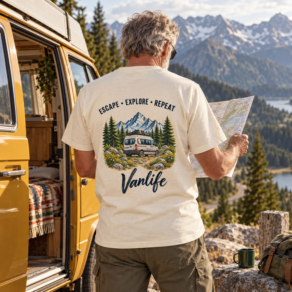 Bio Heavy T-Shirt in Natural Raw mit Escape Explore Repeat Backprint beim Kartenlesen am Bergpass