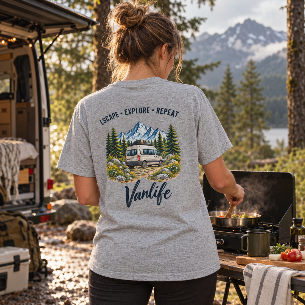 Bio Heavy T-Shirt in Heather Grey mit Vanlife Backprint beim Kochen im Waldcamp