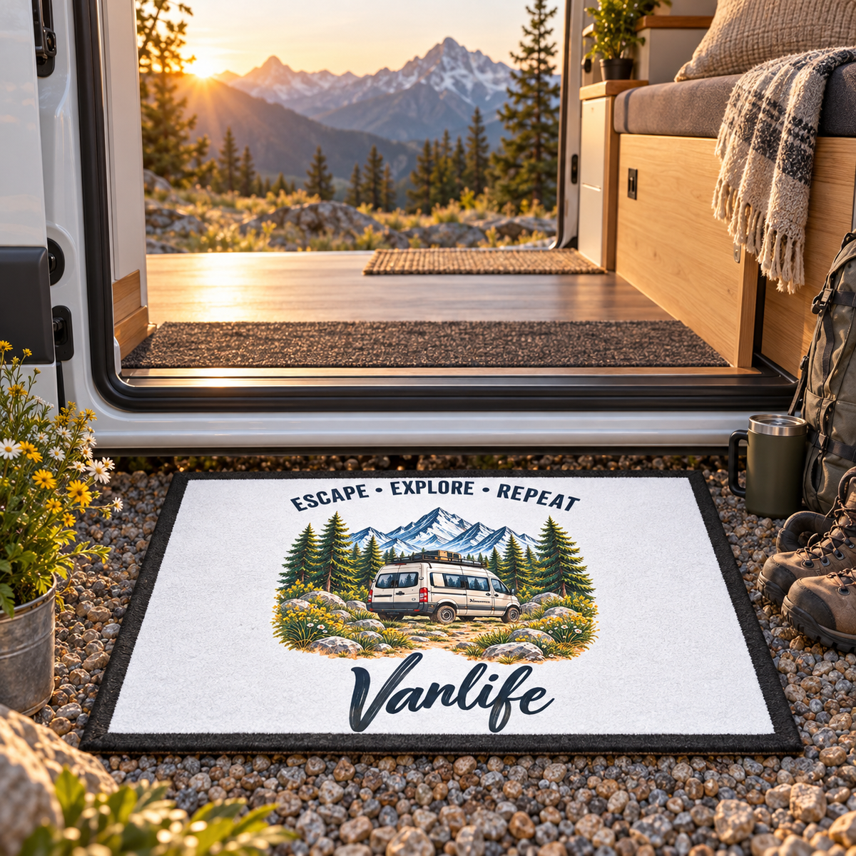 Weiße Escape Explore Repeat Vanlife Fußmatte am geöffneten Camper in den Bergen