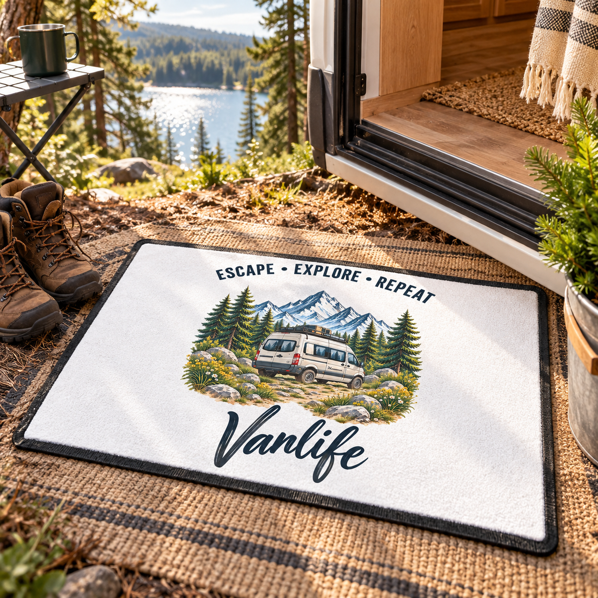 Weiße Escape Explore Repeat Vanlife Fußmatte unter dem Vorzelt am Waldsee