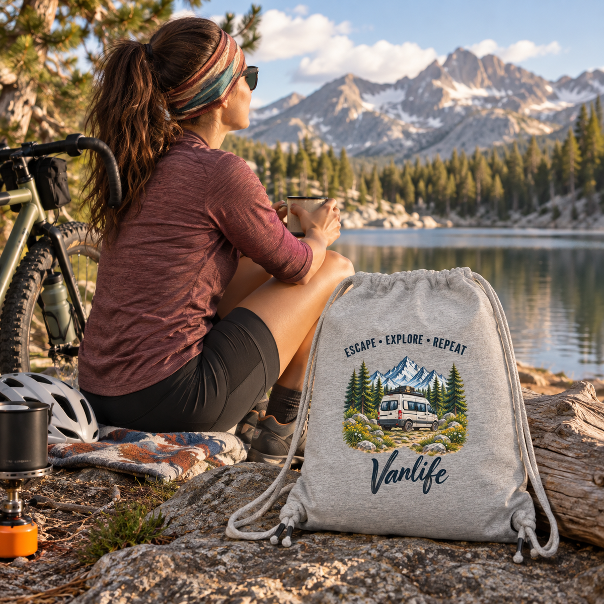 Grauer Escape Explore Repeat Vanlife Gym Bag bei einer Pause am Waldsee
