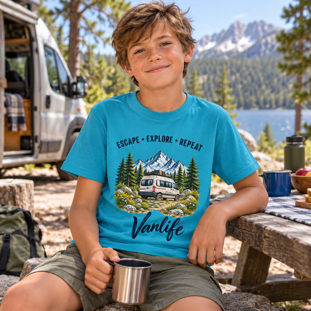 Junge im Caribbean Blue Escape Explore Repeat Vanlife Kinder-T-Shirt am Waldsee