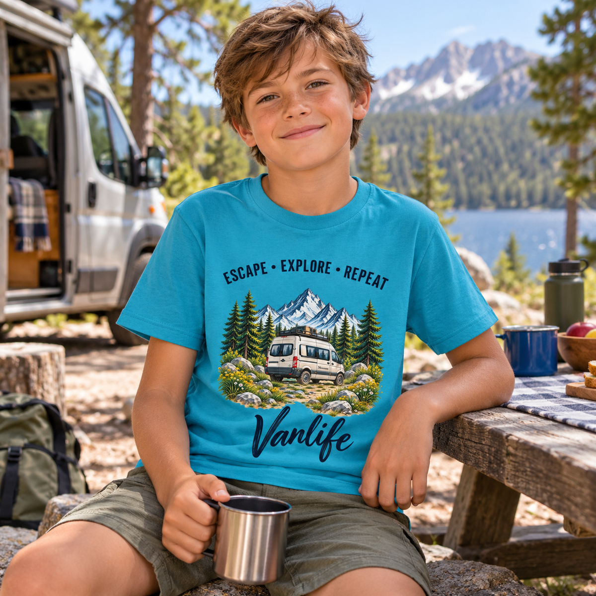 Junge im Caribbean Blue Escape Explore Repeat Vanlife Kinder-T-Shirt am Waldsee