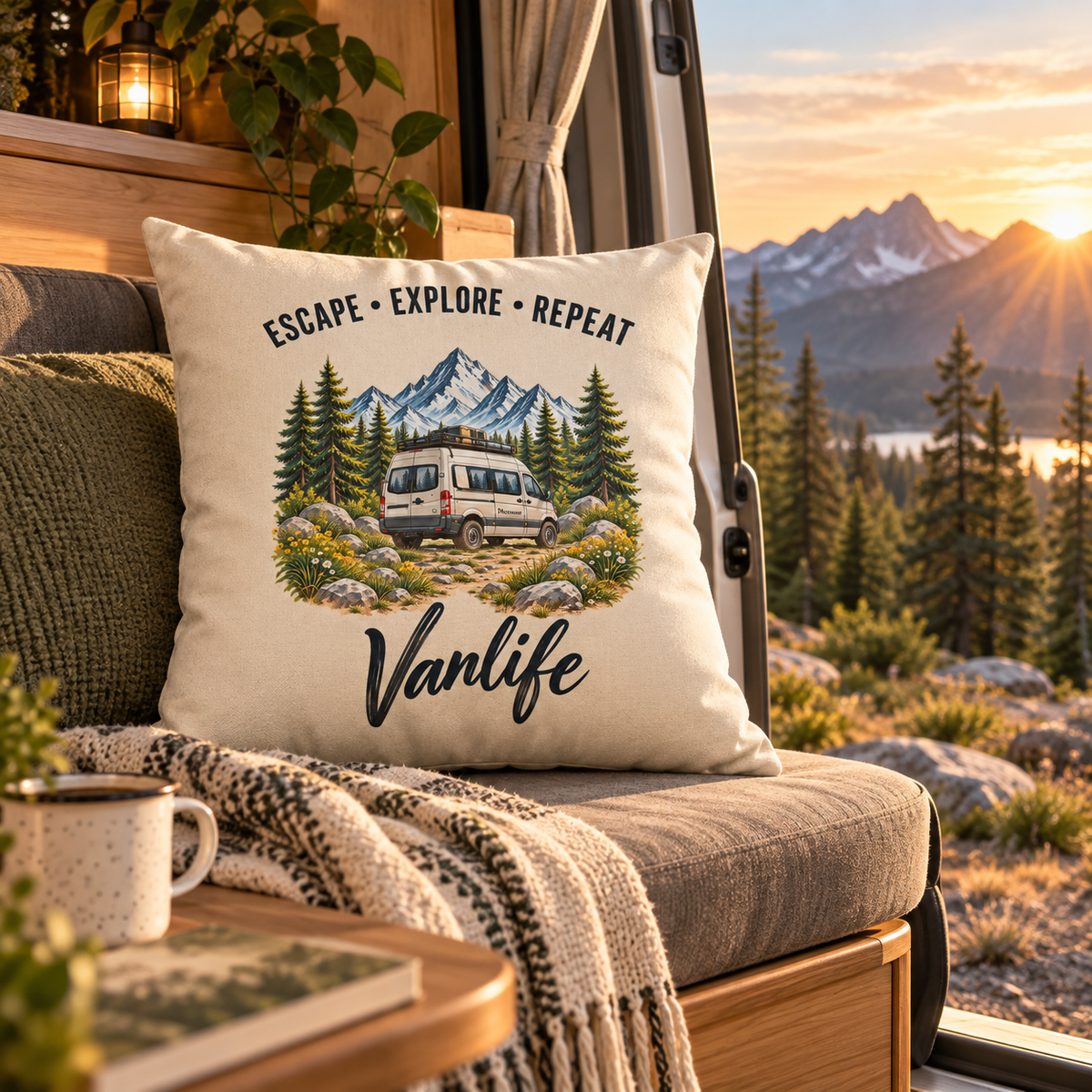 Escape Explore Repeat Vanlife Kissen im Camper mit Blick auf Berge und Kiefern