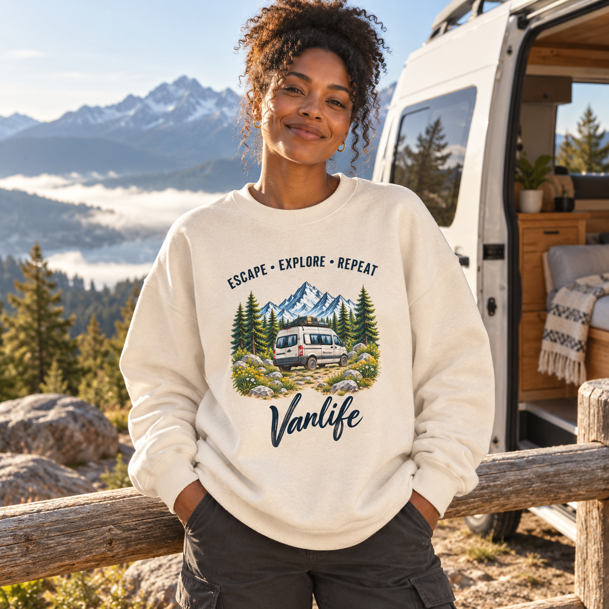 Frau im Natural Raw Escape Explore Repeat Vanlife Oversize-Sweatshirt am Bergstellplatz