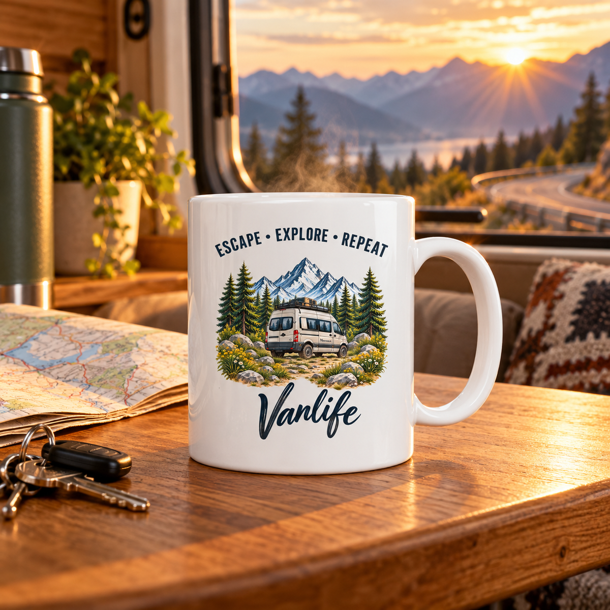 Weiße Escape Explore Repeat Vanlife Keramiktasse im Camper mit Straßenkarte