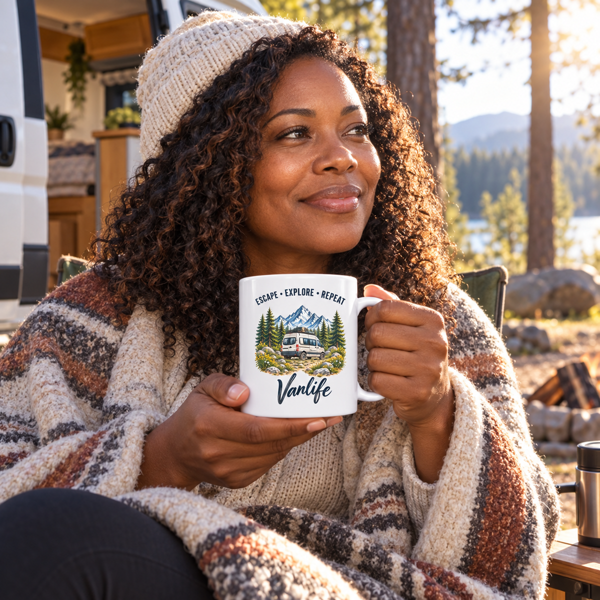 Frau mit weißer Escape Explore Repeat Vanlife Tasse am Campingplatz