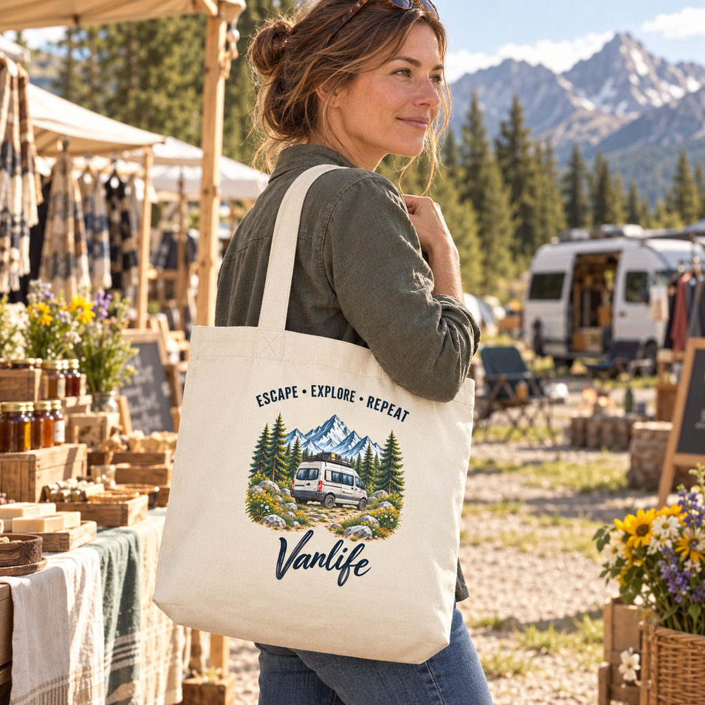 Natural Escape Explore Repeat Vanlife Einkaufstasche auf einem Campingmarkt