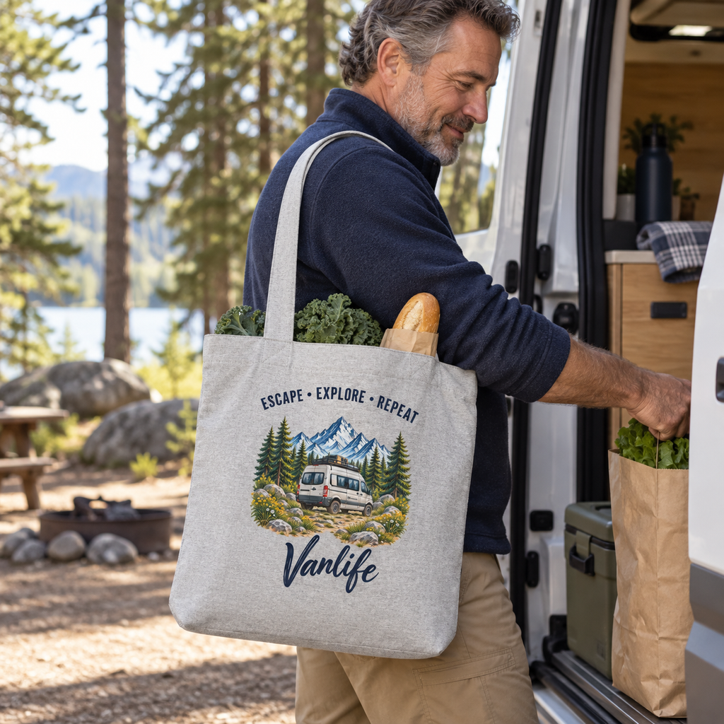 Heather Grey Escape Explore Repeat Vanlife Einkaufstasche am Camper