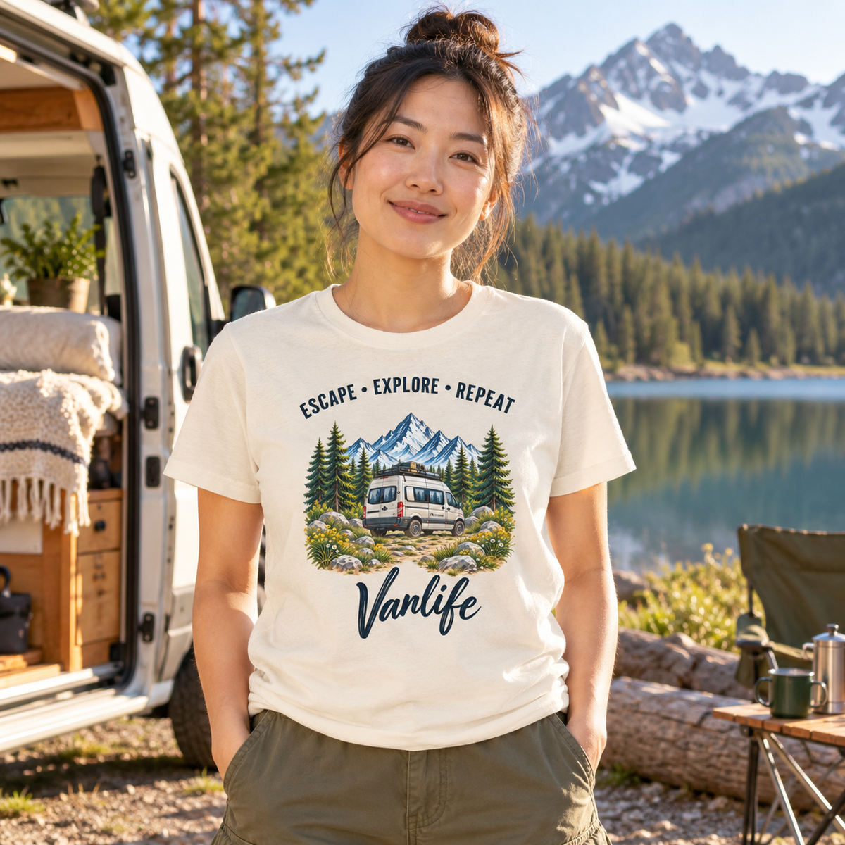 Frau im Natural Raw Escape Explore Repeat Vanlife Damen-Bio-T-Shirt am Bergsee
