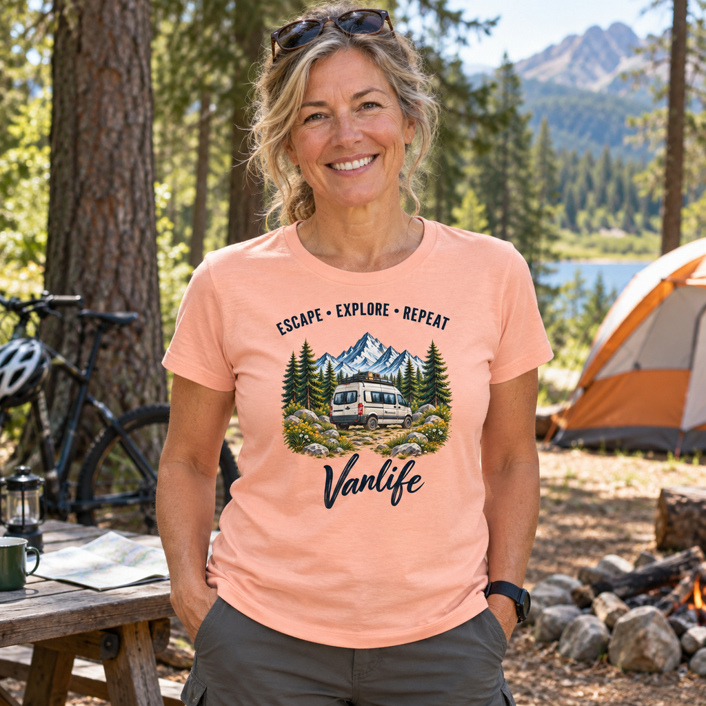 Frau im Fraiche Peche Escape Explore Repeat Vanlife Damen-T-Shirt am Waldcampingplatz