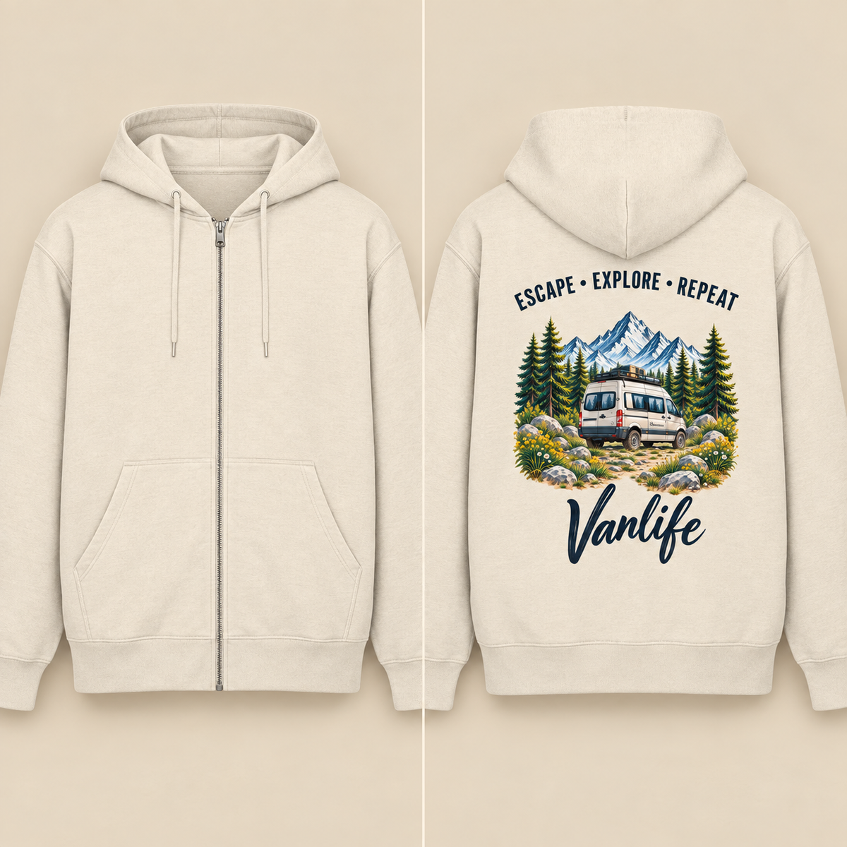 Escape Explore Repeat Vanlife Bio-Zipper: vorne ohne Print mit Reißverschluss, hinten mit Backprint