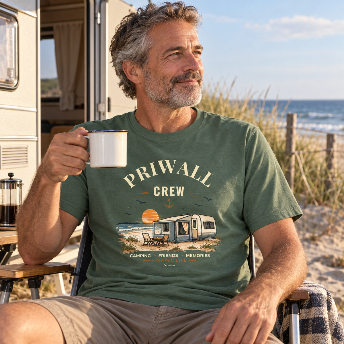 Mann im military-grünen Essential T-Shirt mit Priwall-Crew-Motiv beim Camping an der Ostsee