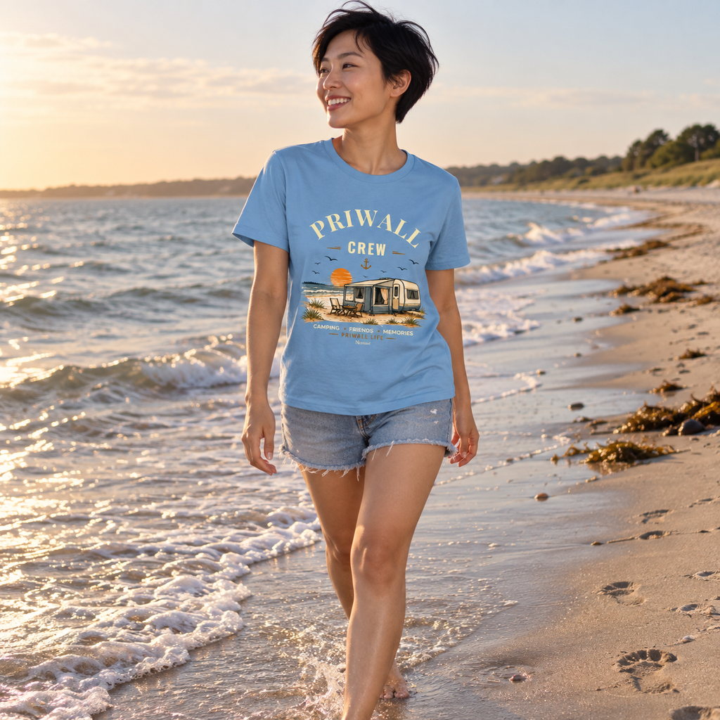 Frau im carolina-blauen Essential T-Shirt mit Priwall-Crew-Motiv an der Ostsee-Wasserlinie