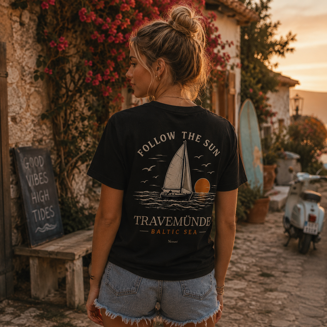 Travemünde Follow The Sun Dark Edition Backprint T-Shirt aus Bio-Baumwolle