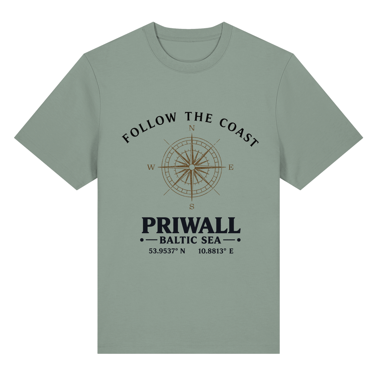 Follow the Coast – Priwall Kompass – Bio-Heavy T-Shirt – Vorderansicht in aloe