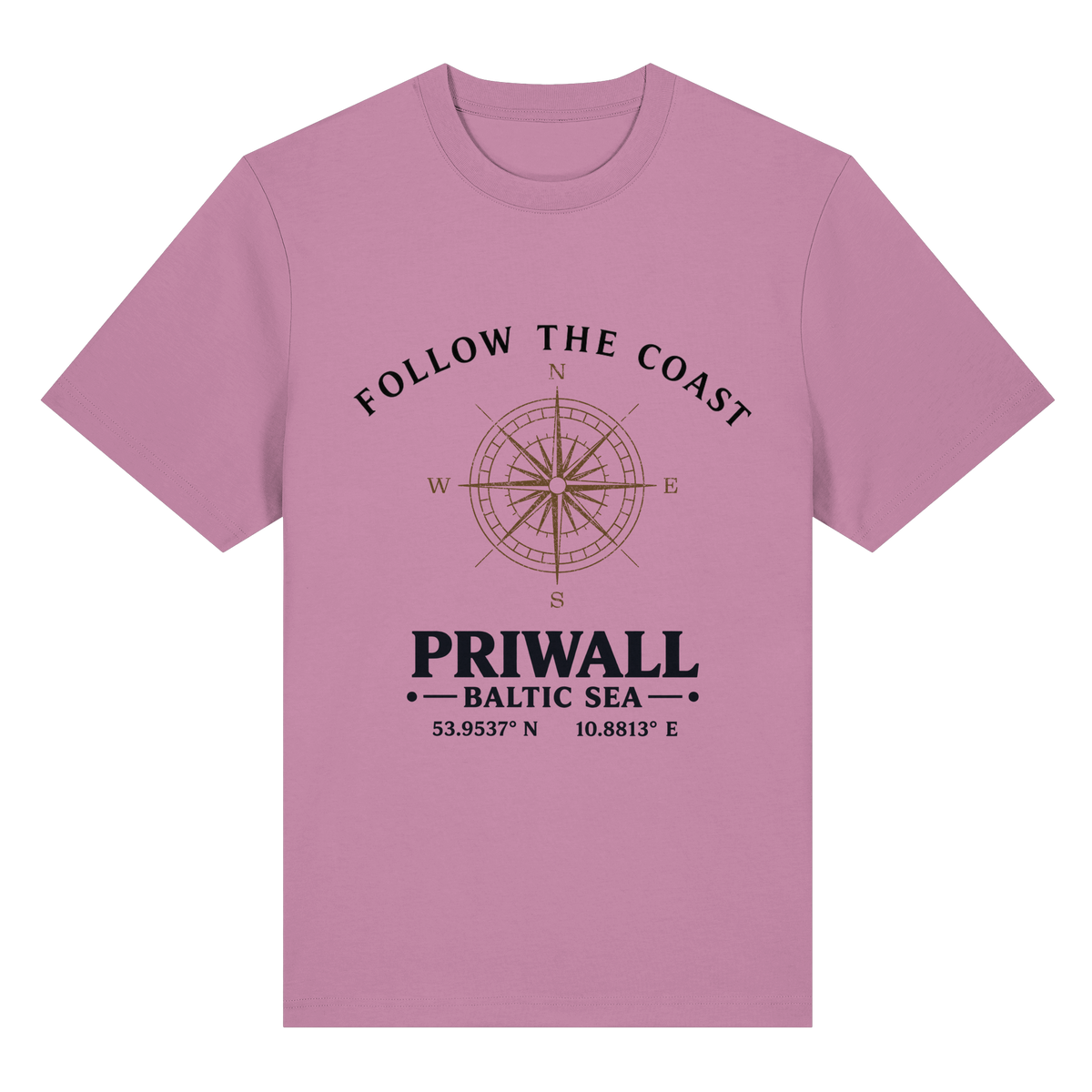 Follow the Coast – Priwall Kompass – Bio-Heavy T-Shirt – Vorderansicht in bubble pink