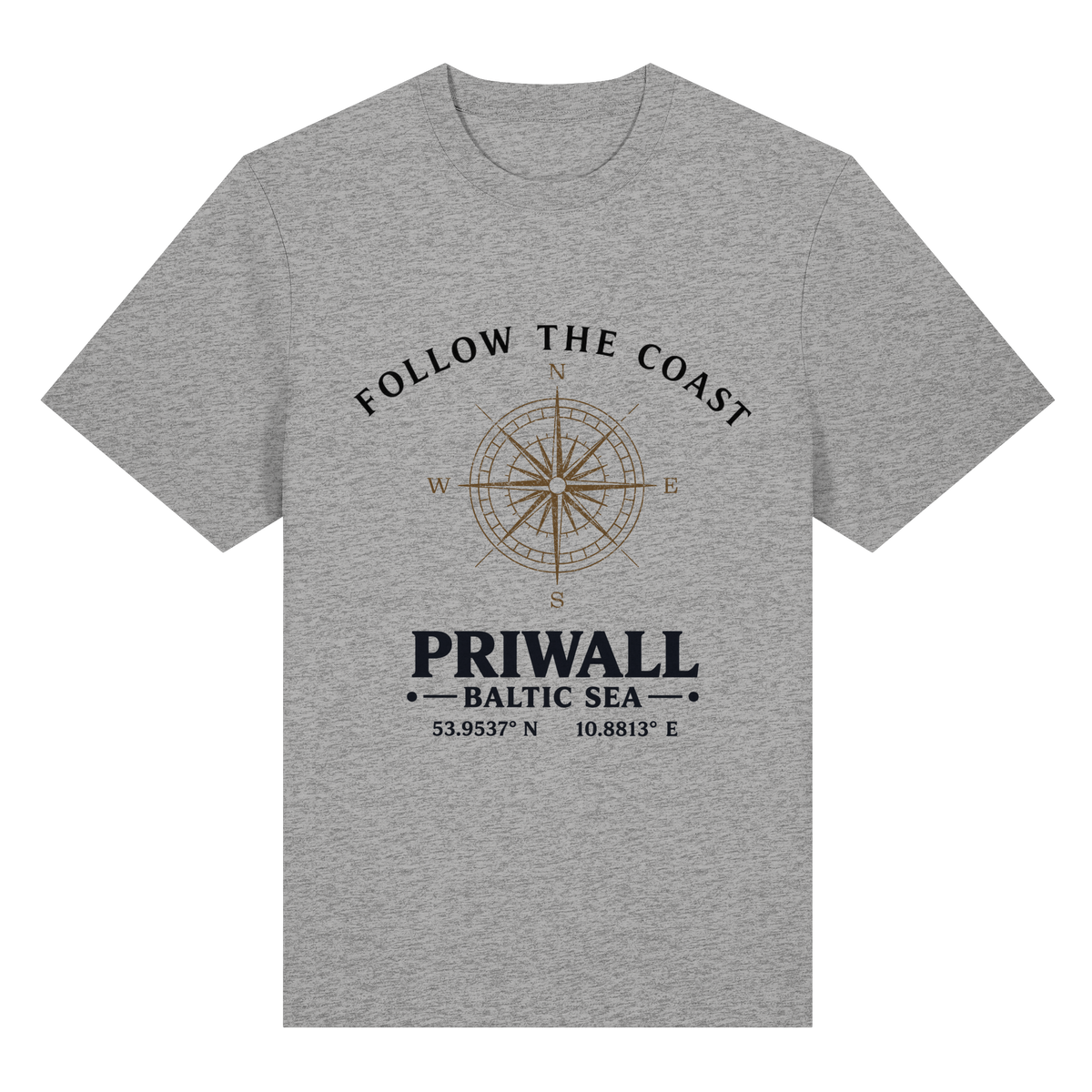 Follow the Coast – Priwall Kompass – Bio-Heavy T-Shirt – Vorderansicht in heather grey