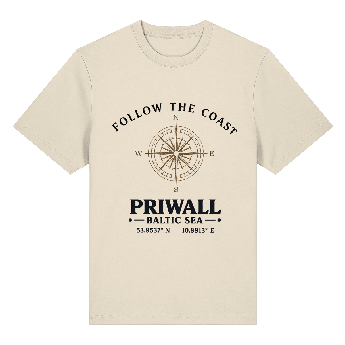 Follow the Coast – Priwall Kompass – Bio-Heavy T-Shirt – Vorderansicht in natural raw