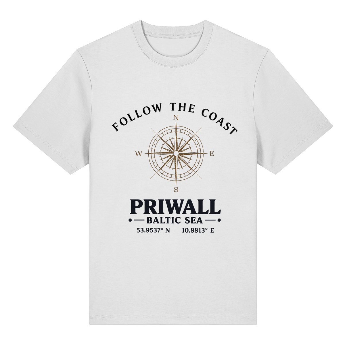 Follow the Coast – Priwall Kompass – Bio-Heavy T-Shirt – Vorderansicht in white