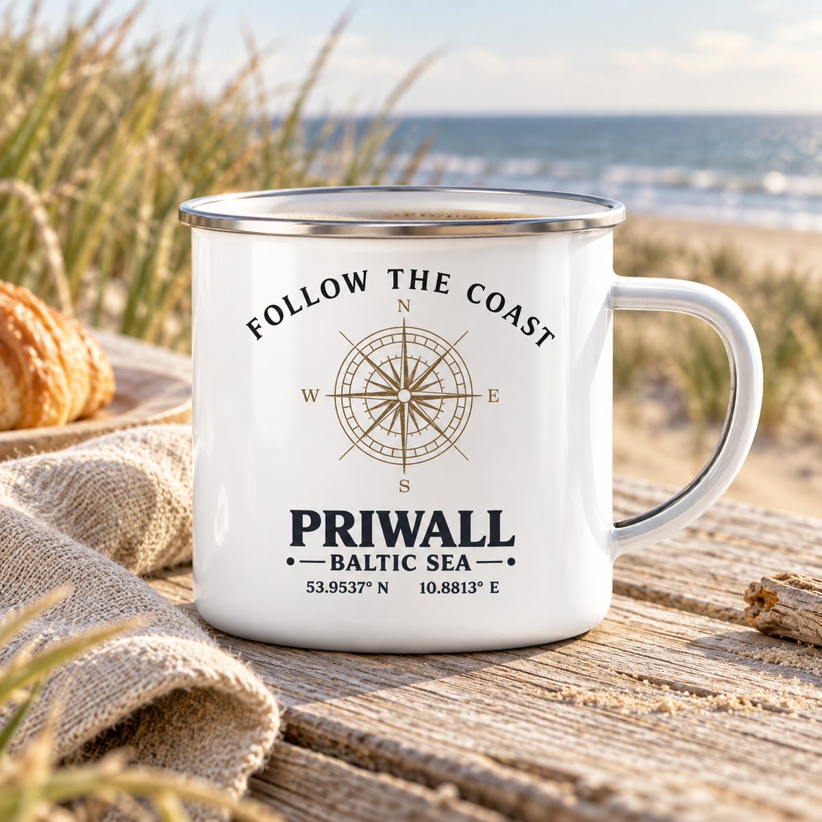 Weiße Follow the Coast Priwall Emaille-Tasse mit silbernem Rand am Ostseestrand