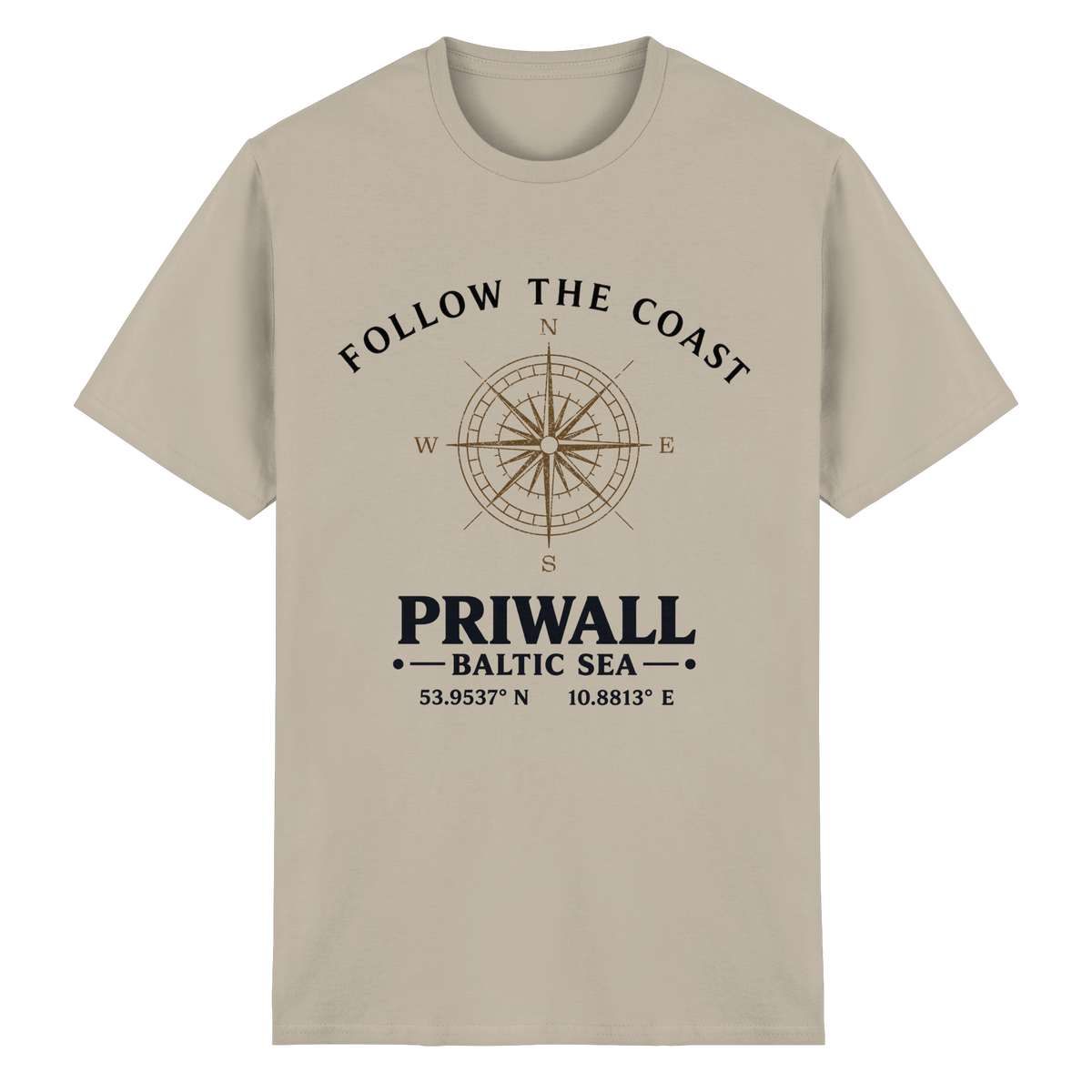 Follow the Coast – Priwall Kompass – Essential T-Shirt – Vorderansicht in sand
