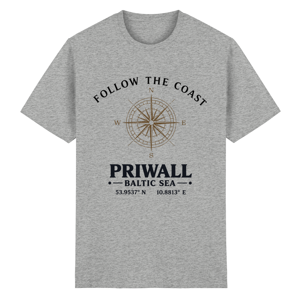Follow the Coast – Priwall Kompass – Essential T-Shirt – Vorderansicht in sport grey meliert