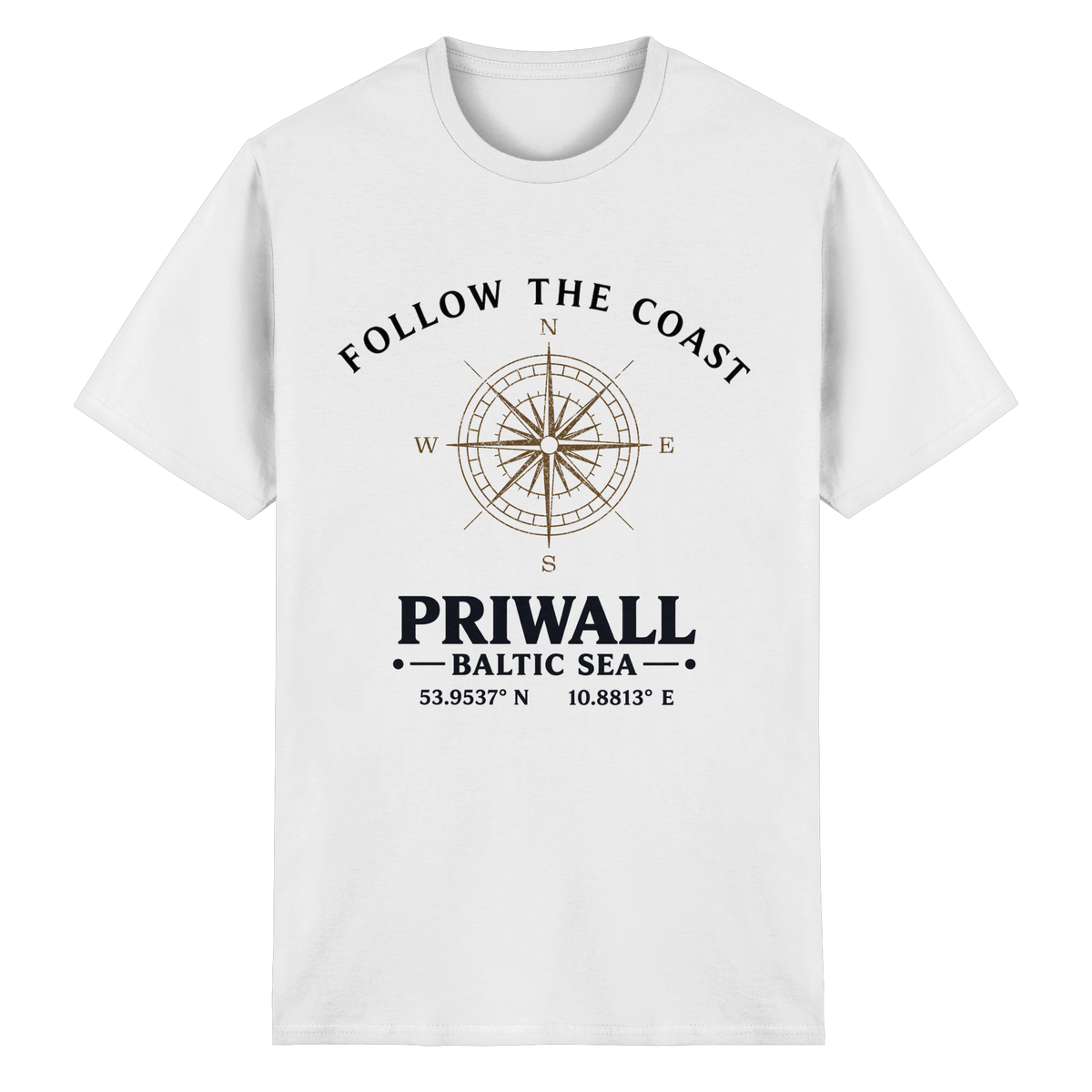 Follow the Coast – Priwall Kompass – Essential T-Shirt – Vorderansicht in white