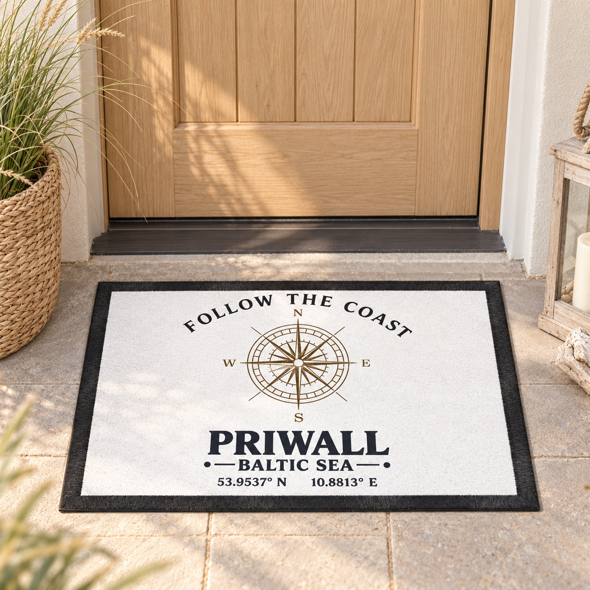 Follow the Coast Priwall Kompass Fußmatte vor einem hellen Küstenhaus
