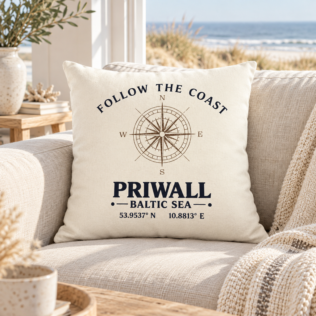 Follow the Coast Priwall Kompass Kissen in Natur auf einem hellen Sofa mit Ostseeblick