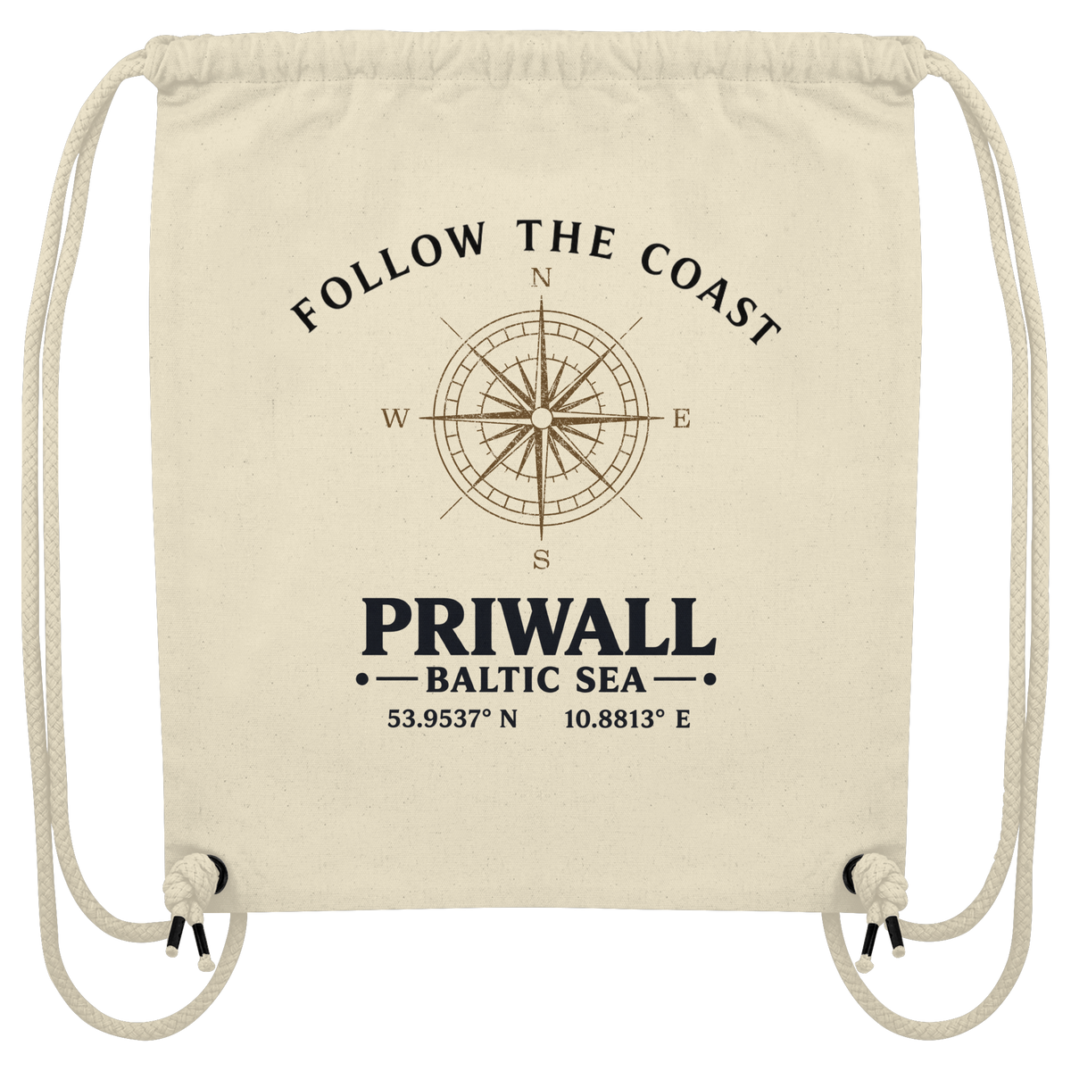 Naturfarbener Organic Gym-Bag mit Follow the Coast Priwall Kompass