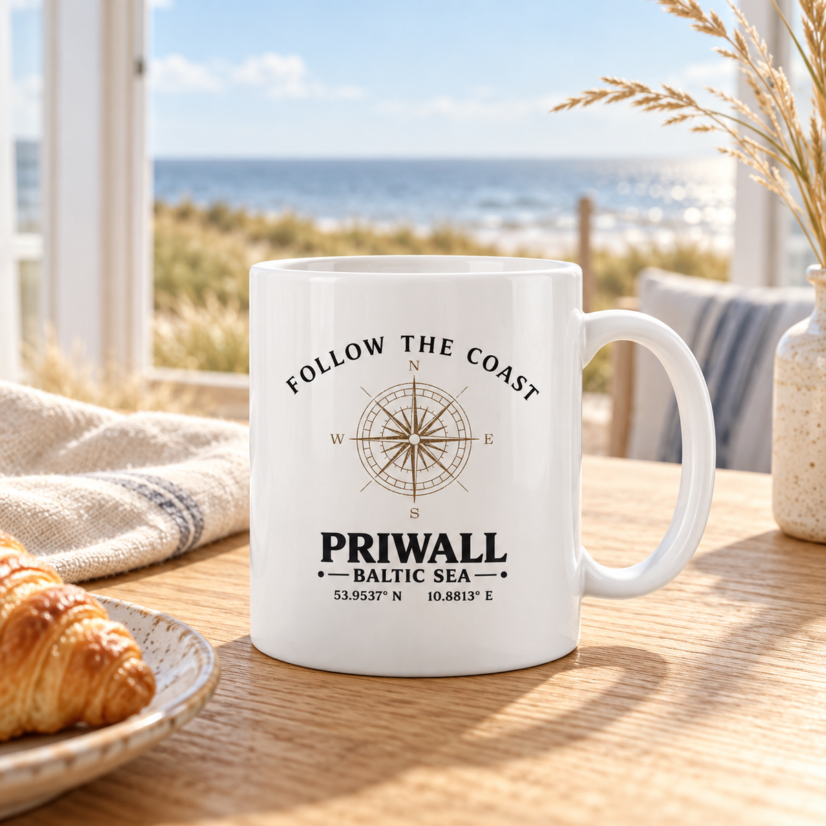 Follow the Coast Priwall Kompass Tasse am Frühstückstisch mit Blick auf Ostsee und Dünen