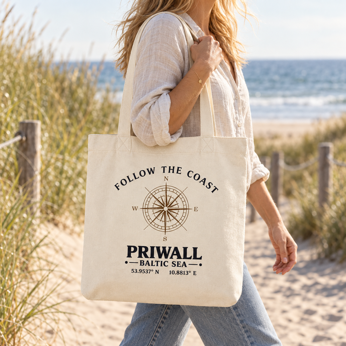 Naturfarbene Priwall Tote-Bag mit Follow the Coast Kompass am Ostseestrand
