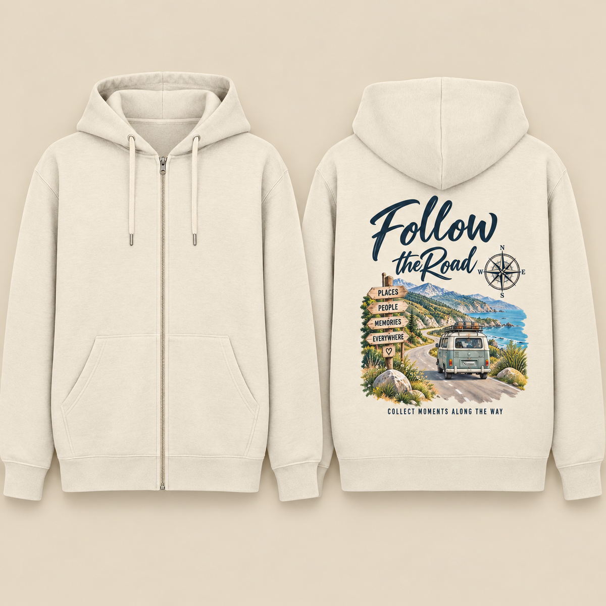 Bio Zipper in Front- und Rückansicht mit blanker Reißverschlussfront und Follow the Road Backprint
