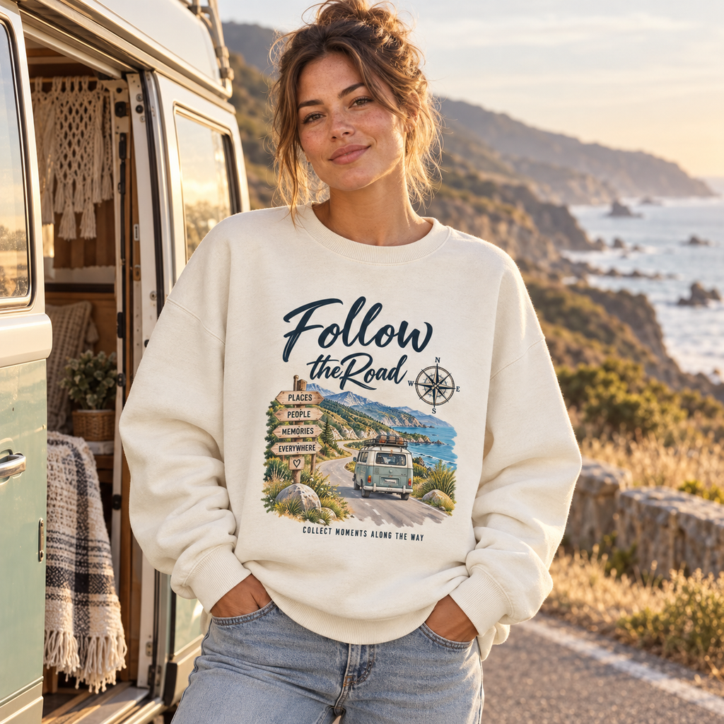 Frau im cremefarbenen Bio Oversize Sweatshirt mit Follow the Road Frontprint an der Küstenstraße