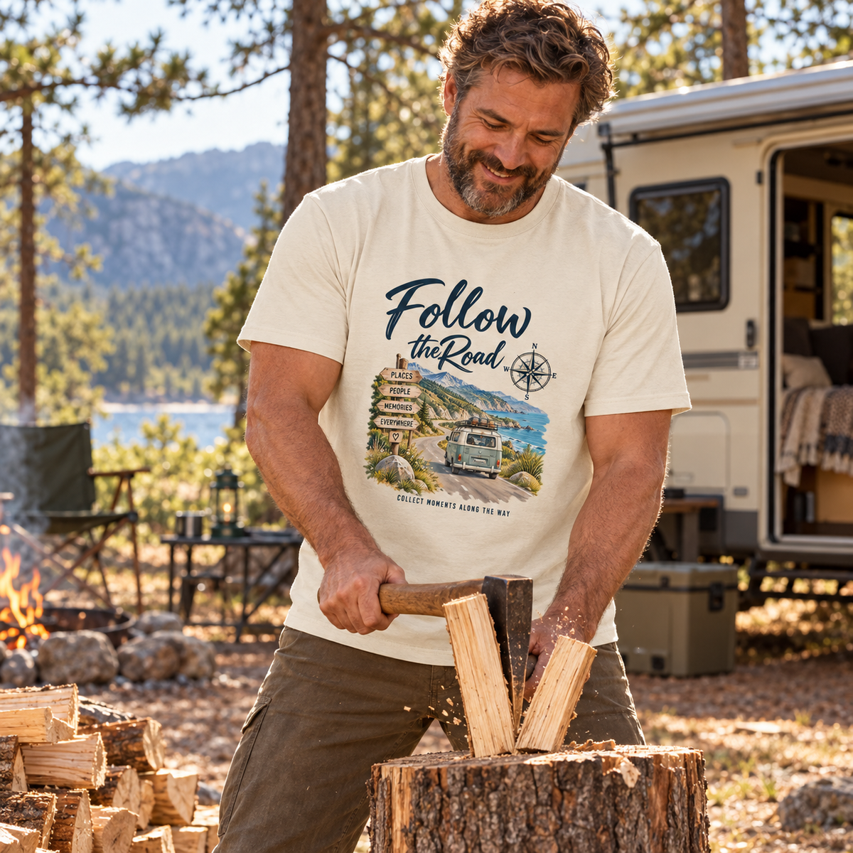 Mann im naturfarbenen Bio Heavy T-Shirt mit Follow the Road Frontprint beim Waldcamping