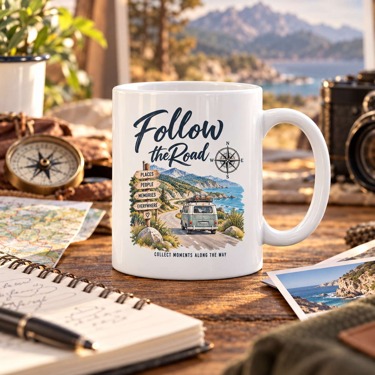 Follow the Road Tasse auf einem Tisch bei der Roadtrip-Planung