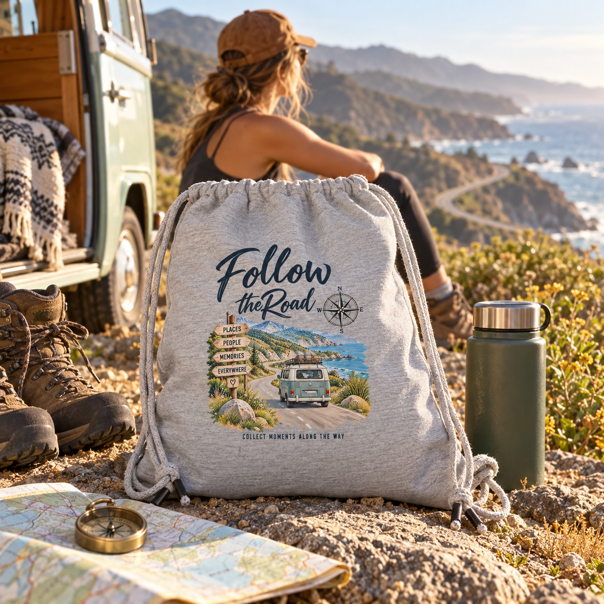 Follow the Road Gym-Bag bei einer Wanderpause an der Küste