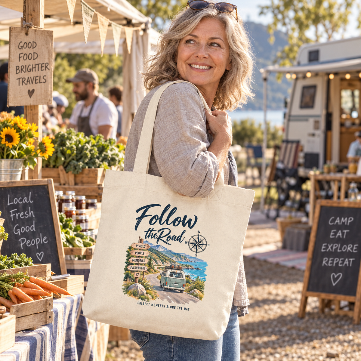 Follow the Road Recycling-Einkaufstasche auf einem Reisemarkt