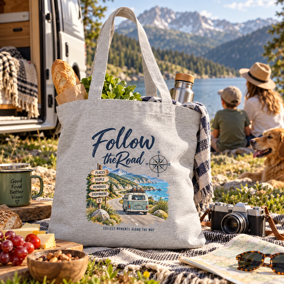 Heatherfarbene Follow the Road Tragetasche beim Picknick am See