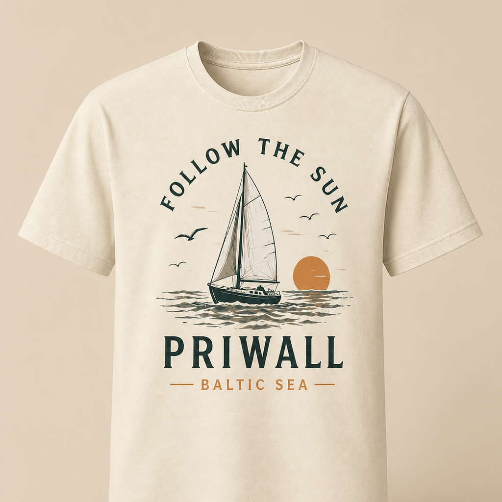 Naturfarbendes Follow the Sun T-Shirt aus der Priwall Baltic Sea Kollektion mit Segelboot Motiv