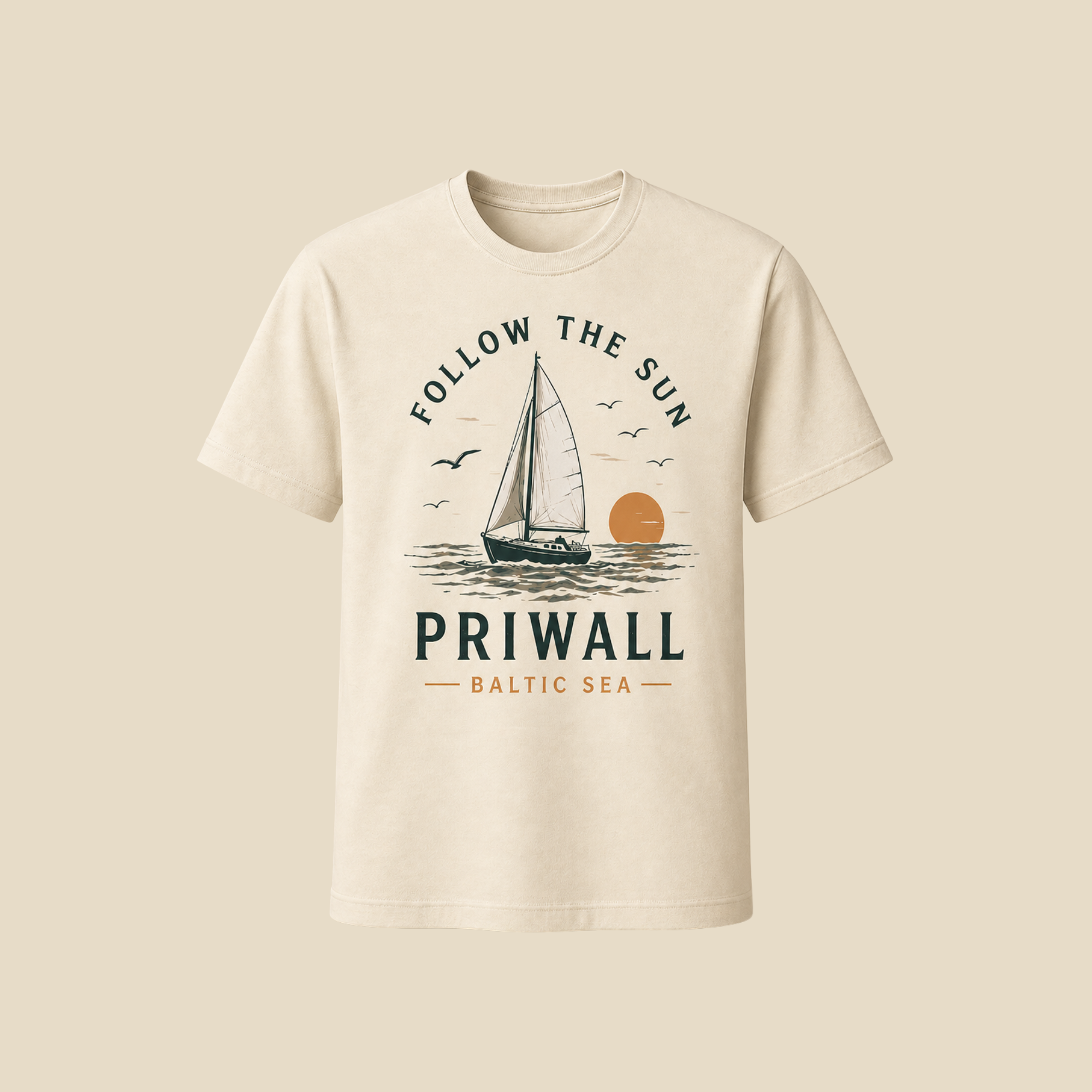 Follow the Sun T-Shirt Priwall Baltic Sea mit Segelboot Motiv