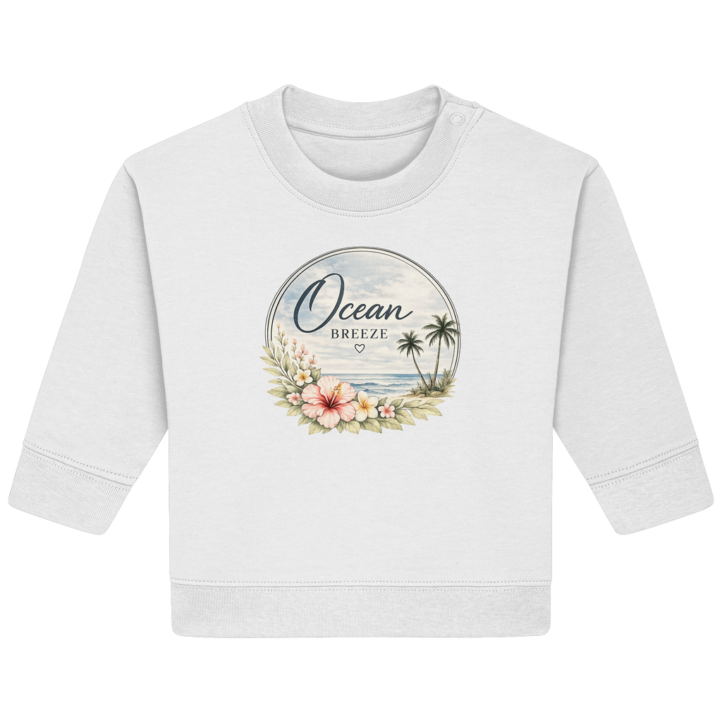 Ocean Breeze Baby Bio-Sweatshirt in Weiß mit floralem Küstenmotiv als Frontprint – Original-Mockup