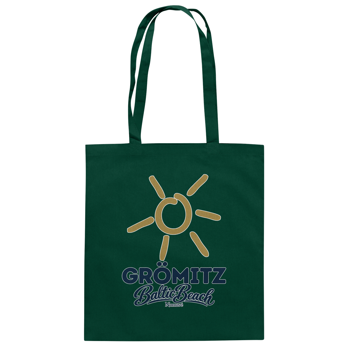 Baumwolltasche Grömitz Sonne Baltic Beach in Bottle Green – Frontdruck mit goldener Sonne, Shirtigo-Originalmockup 9