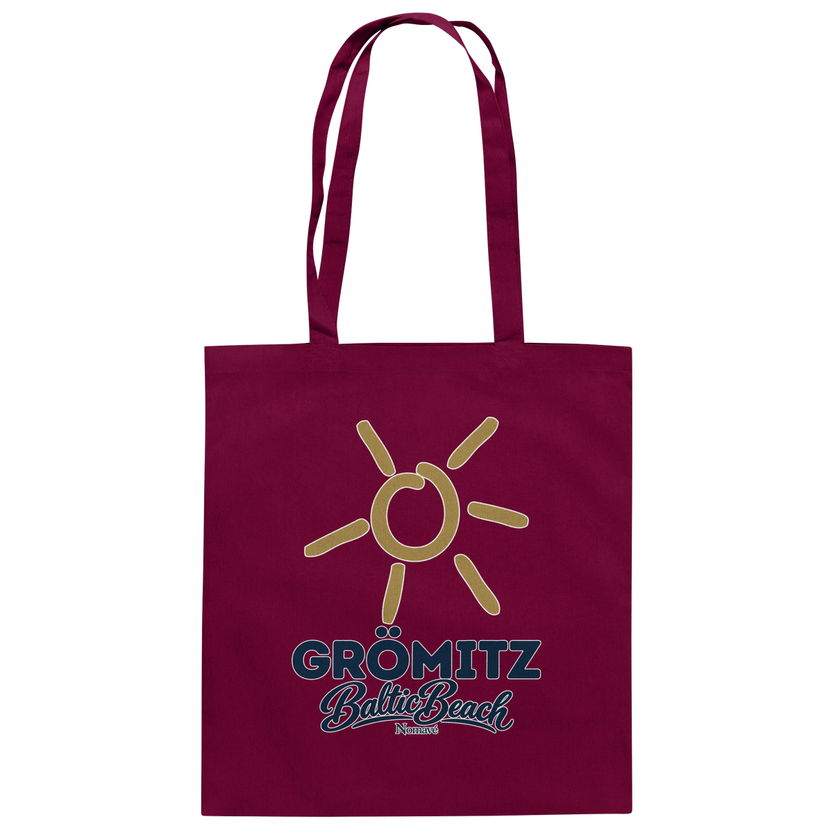 Baumwolltasche Grömitz Sonne Baltic Beach in Burgundy – Frontdruck mit goldener Sonne, Shirtigo-Originalmockup 8