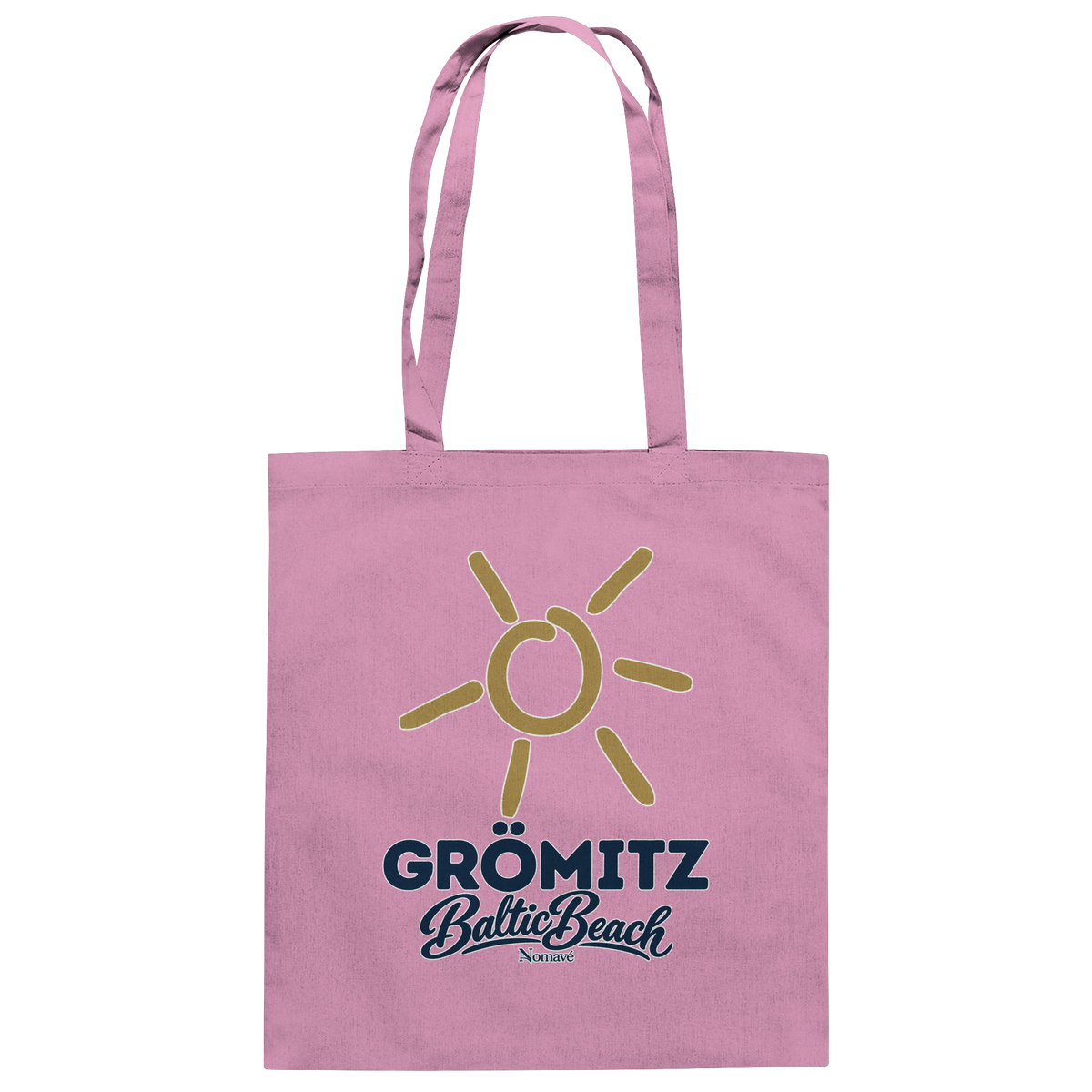 Baumwolltasche Grömitz Sonne Baltic Beach in Classic Pink – Frontdruck mit goldener Sonne, Shirtigo-Originalmockup 4