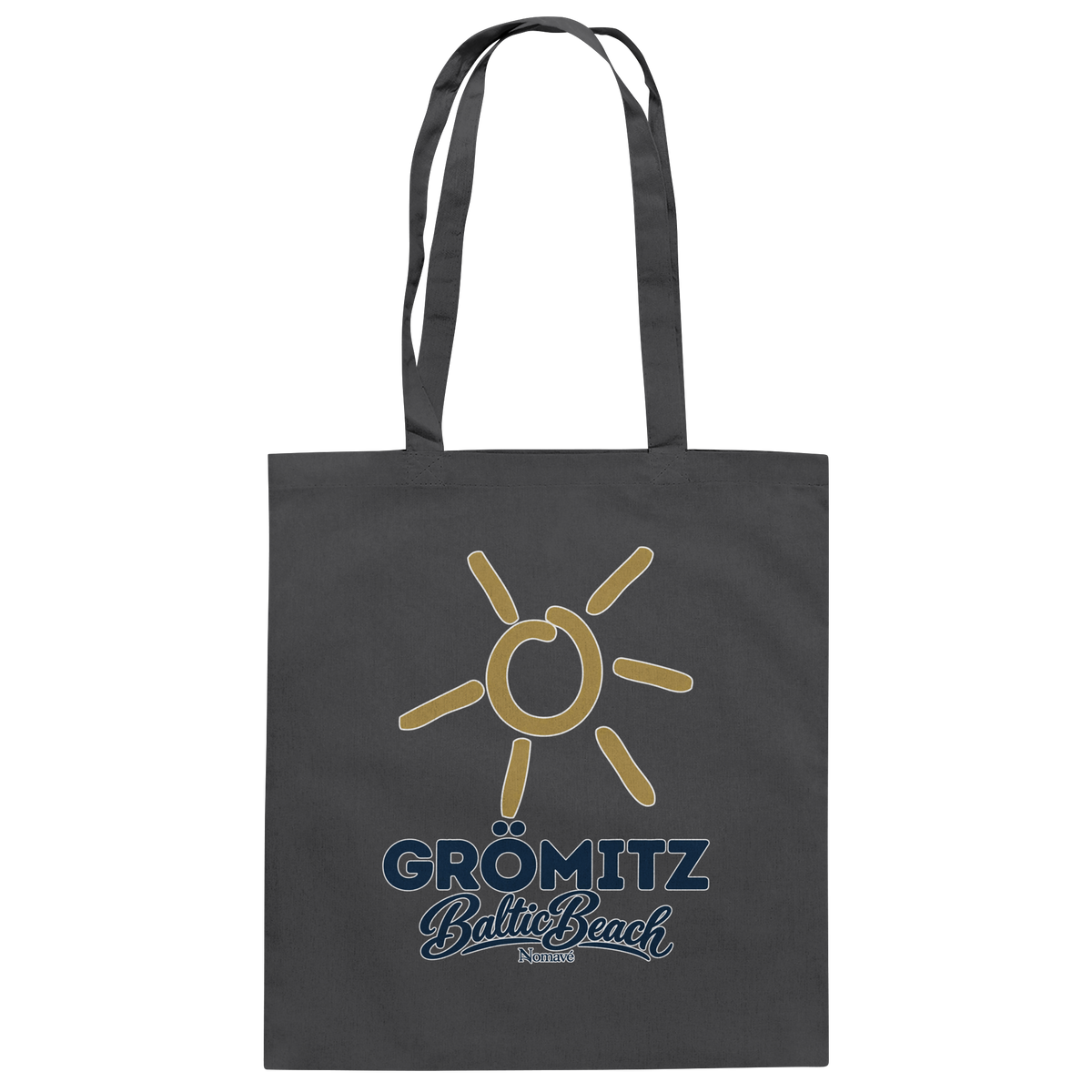 Baumwolltasche Grömitz Sonne Baltic Beach in Graphite Grey – Frontdruck mit goldener Sonne, Shirtigo-Originalmockup 7