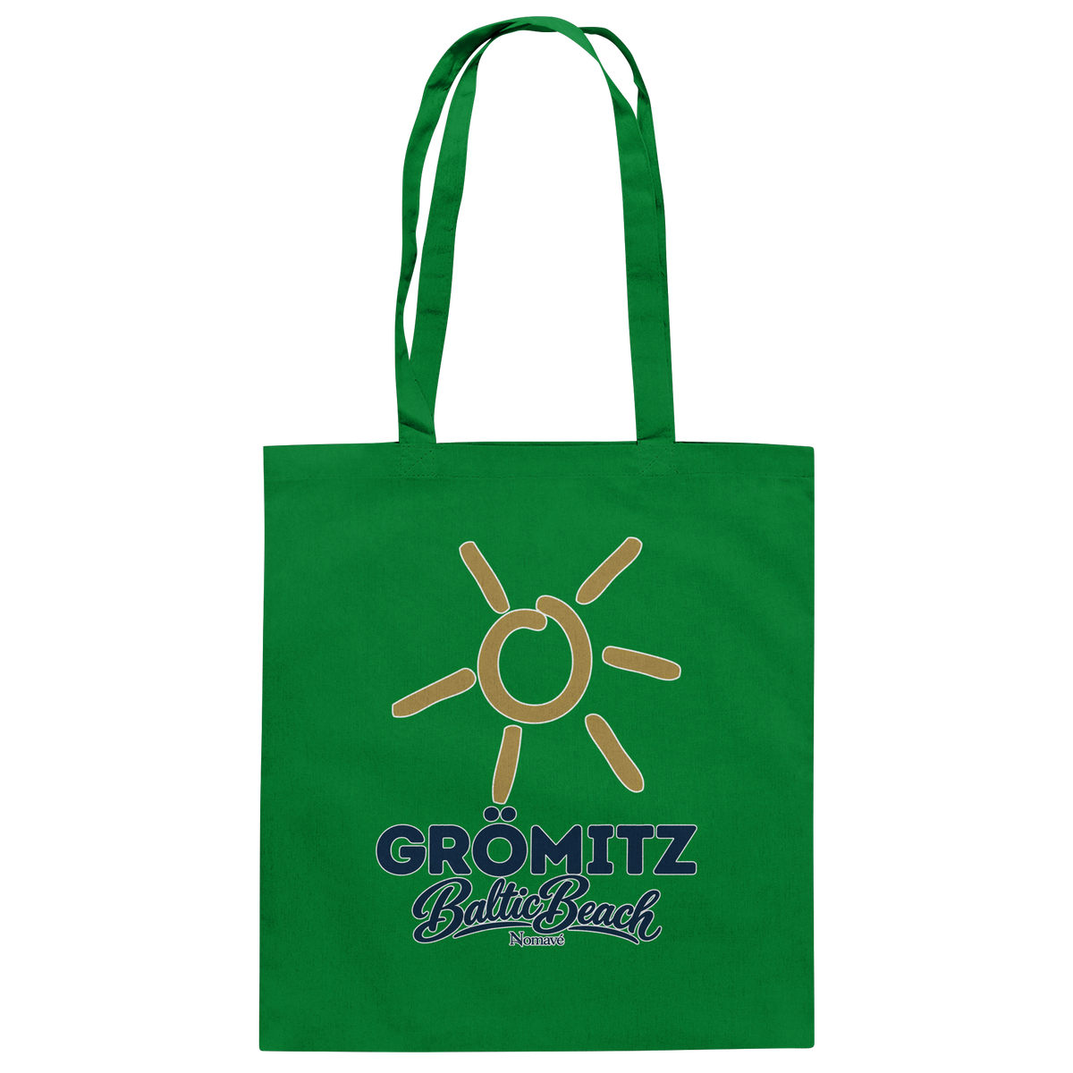 Baumwolltasche Grömitz Sonne Baltic Beach in Kelly Green – Frontdruck mit goldener Sonne, Shirtigo-Originalmockup 6