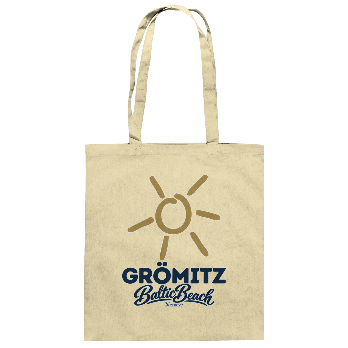 Baumwolltasche Grömitz Sonne Baltic Beach in Natural – Frontdruck mit goldener Sonne, Shirtigo-Originalmockup 2
